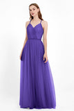 V Neck Tulle Spaghetti Straps Bridesmaid Dress Long Formal Evening Prom Dresses Gowns