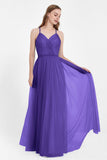 V Neck Tulle Spaghetti Straps Bridesmaid Dress Long Formal Evening Prom Dresses Gowns