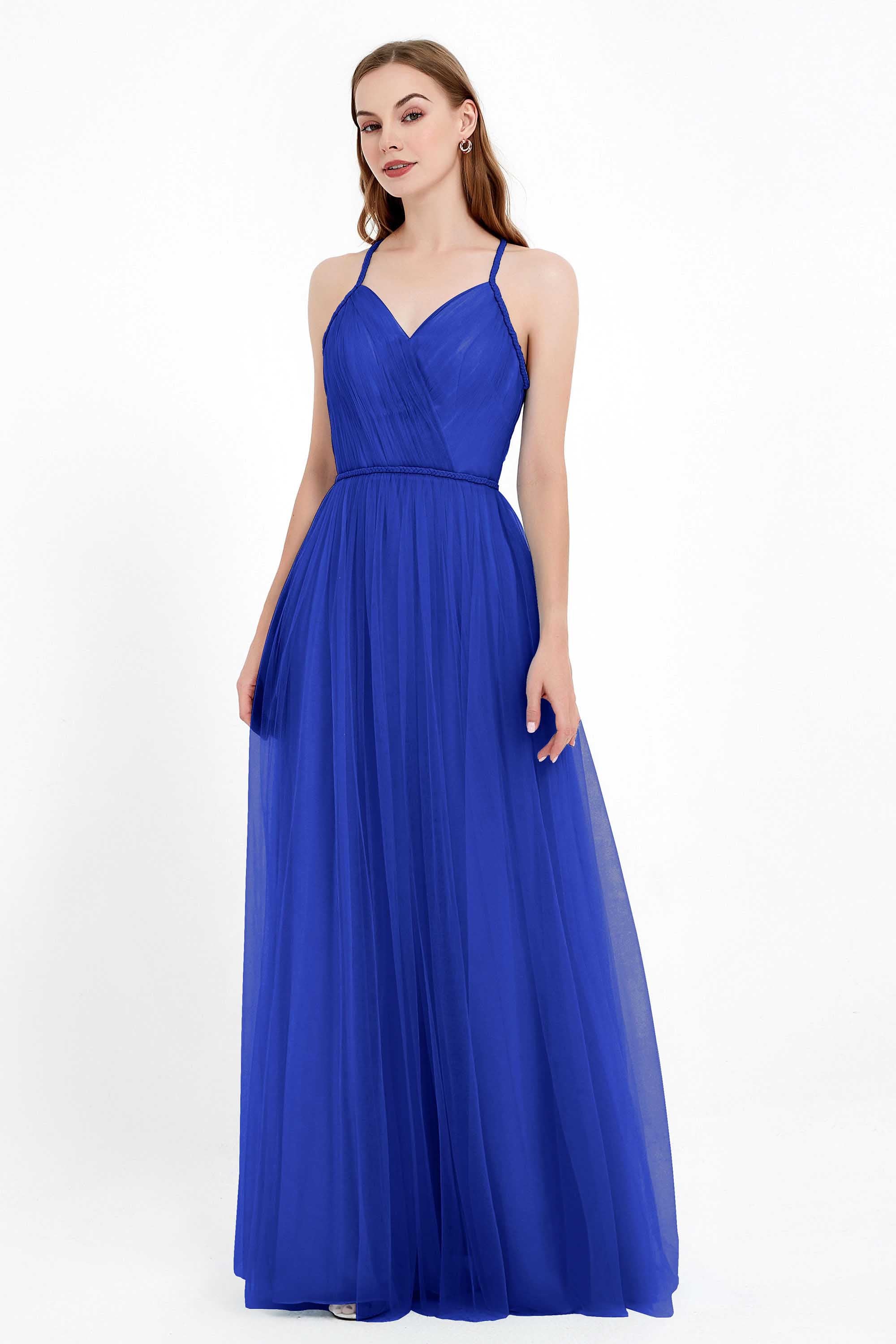 V Neck Tulle Spaghetti Straps Bridesmaid Dress Long Formal Evening Prom Dresses Gowns
