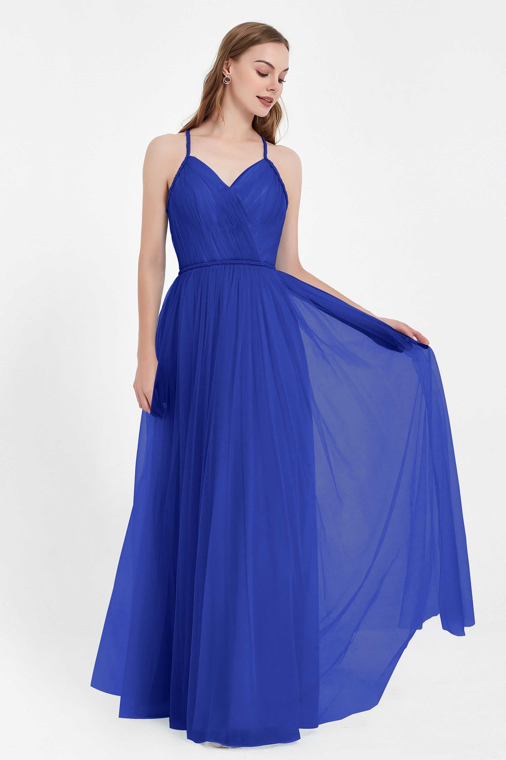 V Neck Tulle Spaghetti Straps Bridesmaid Dress Long Formal Evening Prom Dresses Gowns
