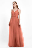 V Neck Tulle Spaghetti Straps Bridesmaid Dress Long Formal Evening Prom Dresses Gowns