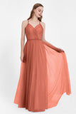 V Neck Tulle Spaghetti Straps Bridesmaid Dress Long Formal Evening Prom Dresses Gowns