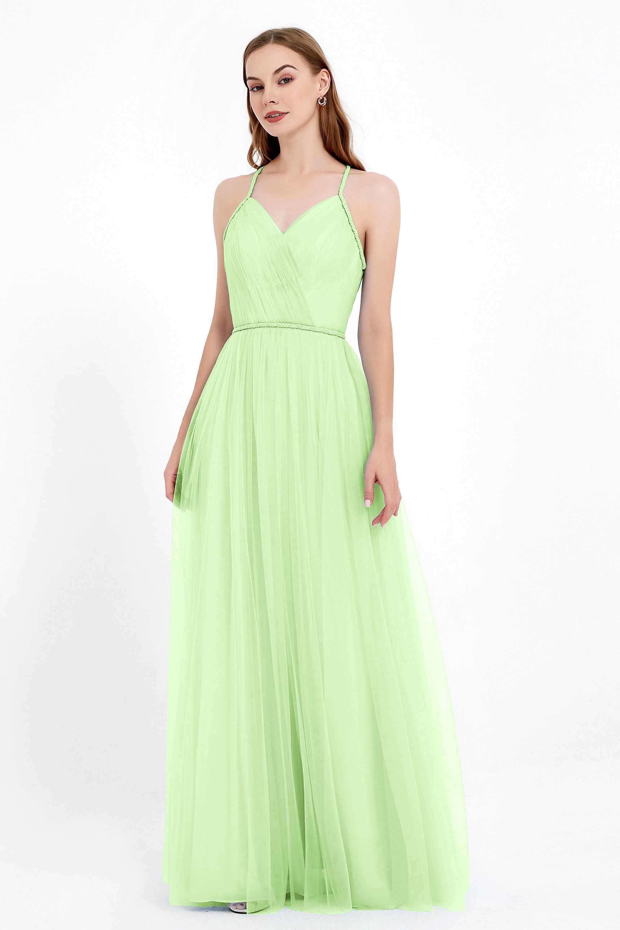 V Neck Tulle Spaghetti Straps Bridesmaid Dress Long Formal Evening Prom Dresses Gowns