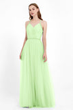V Neck Tulle Spaghetti Straps Bridesmaid Dress Long Formal Evening Prom Dresses Gowns