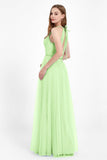 V Neck Tulle Spaghetti Straps Bridesmaid Dress Long Formal Evening Prom Dresses Gowns