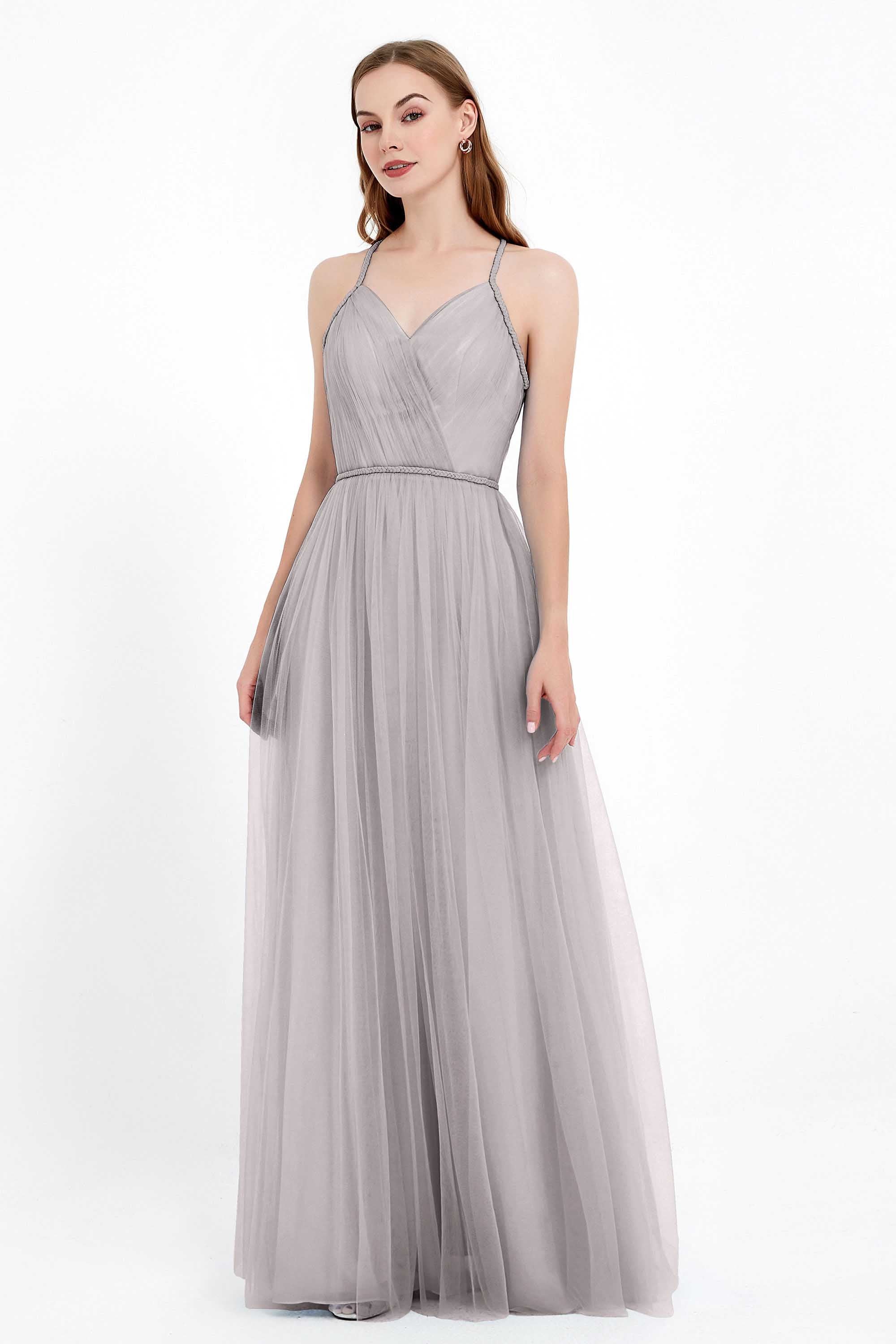 V Neck Tulle Spaghetti Straps Bridesmaid Dress Long Formal Evening Prom Dresses Gowns