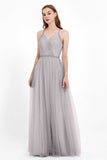 V Neck Tulle Spaghetti Straps Bridesmaid Dress Long Formal Evening Prom Dresses Gowns