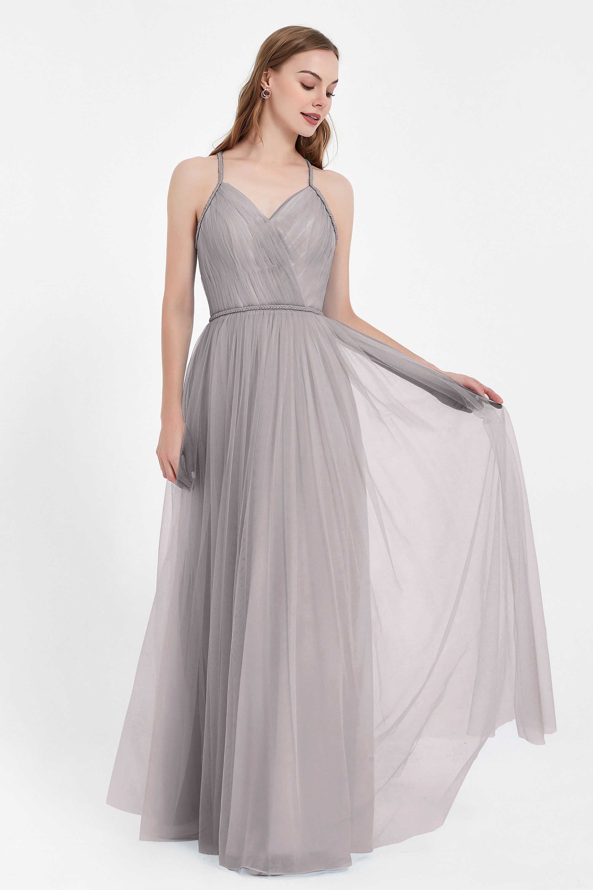 V Neck Tulle Spaghetti Straps Bridesmaid Dress Long Formal Evening Prom Dresses Gowns
