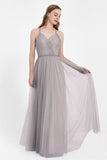 V Neck Tulle Spaghetti Straps Bridesmaid Dress Long Formal Evening Prom Dresses Gowns