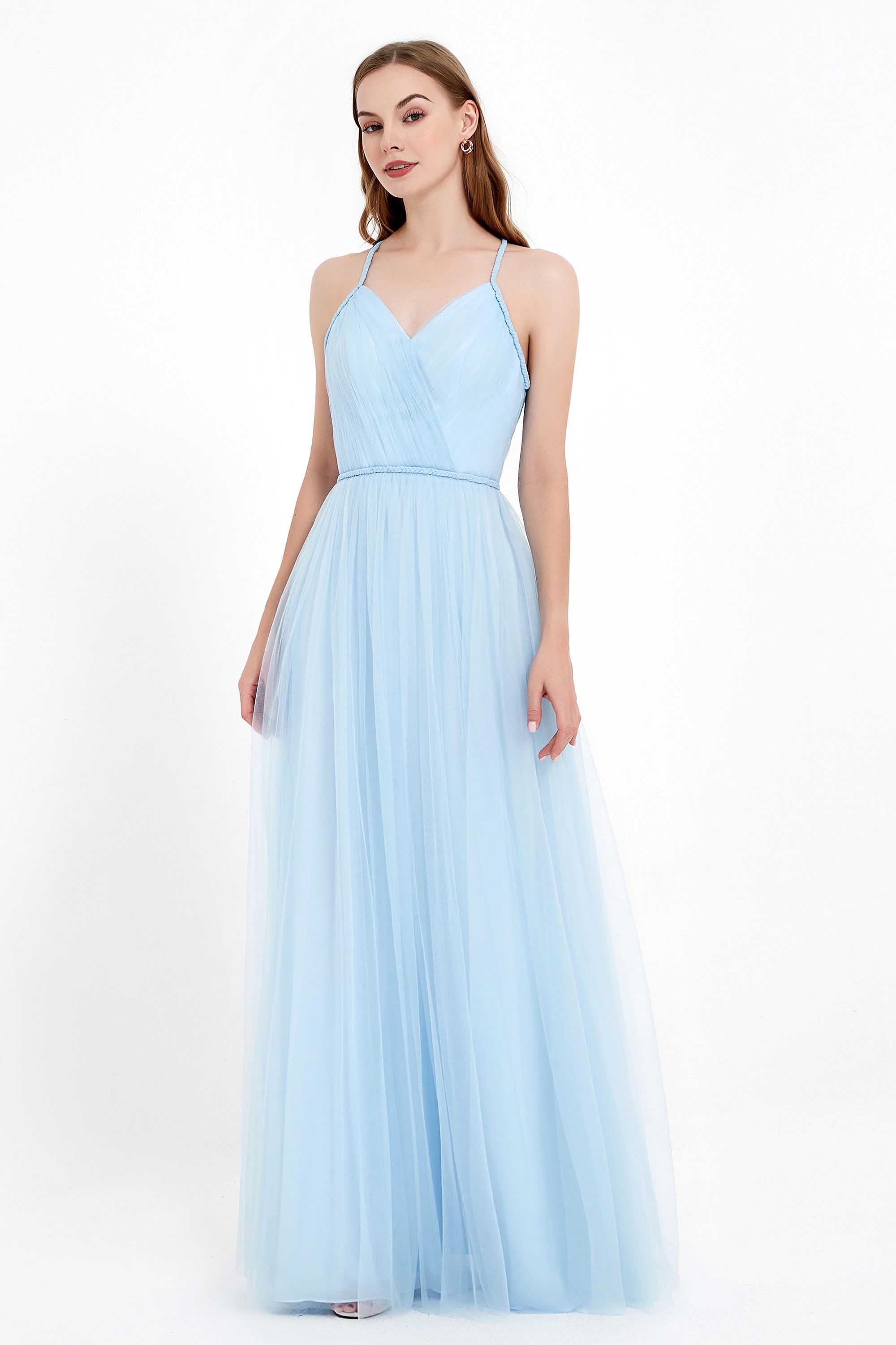 V Neck Tulle Spaghetti Straps Bridesmaid Dress Long Formal Evening Prom Dresses Gowns