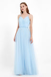 V Neck Tulle Spaghetti Straps Bridesmaid Dress Long Formal Evening Prom Dresses Gowns