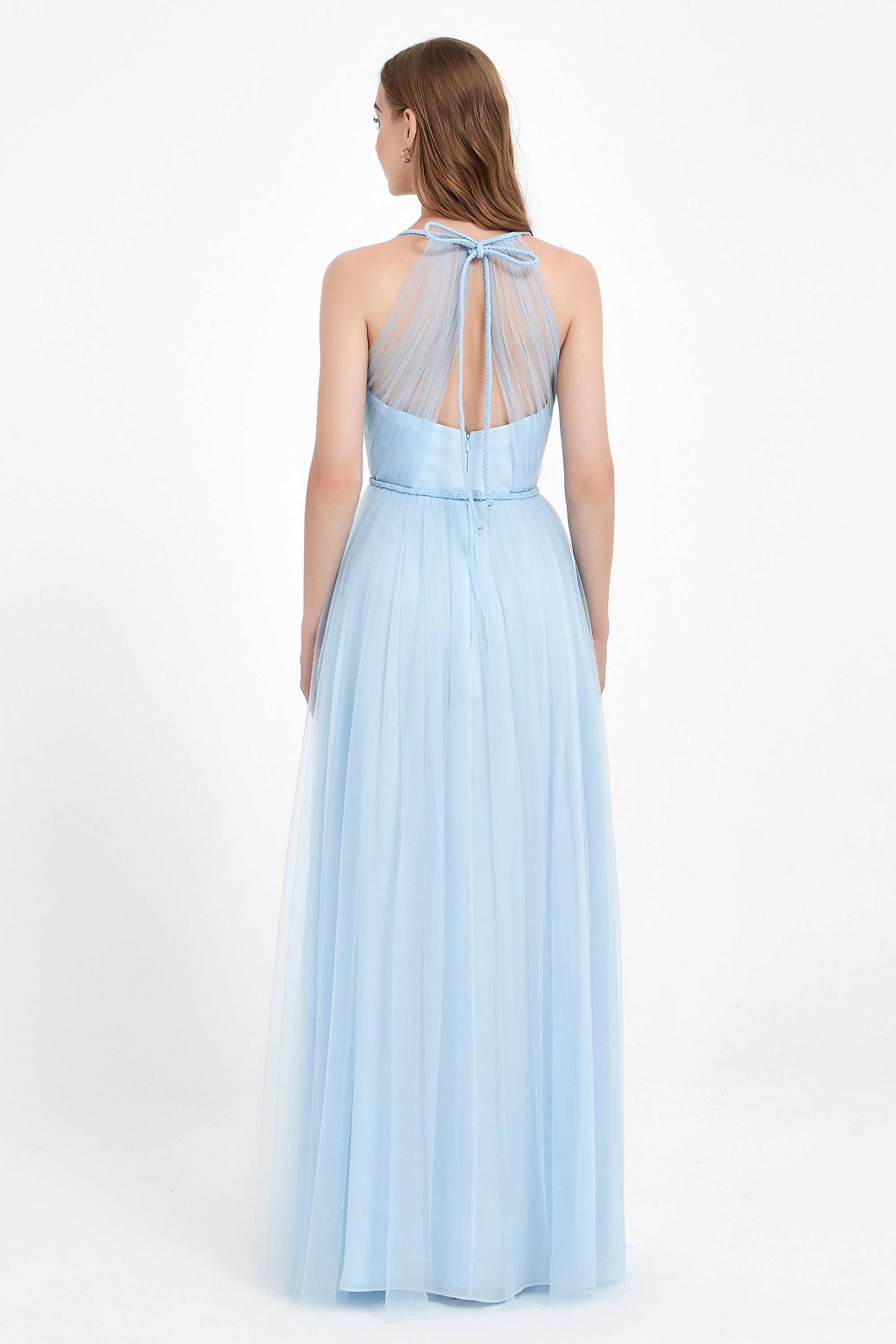 V Neck Tulle Spaghetti Straps Bridesmaid Dress Long Formal Evening Prom Dresses Gowns