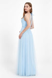 V Neck Tulle Spaghetti Straps Bridesmaid Dress Long Formal Evening Prom Dresses Gowns