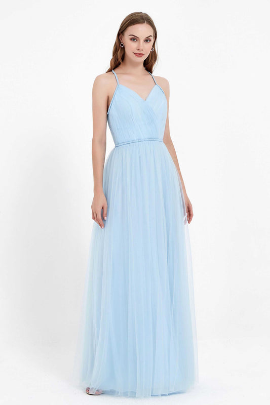 V Neck Tulle Spaghetti Straps Bridesmaid Dress Long Formal Evening Prom Dresses Gowns
