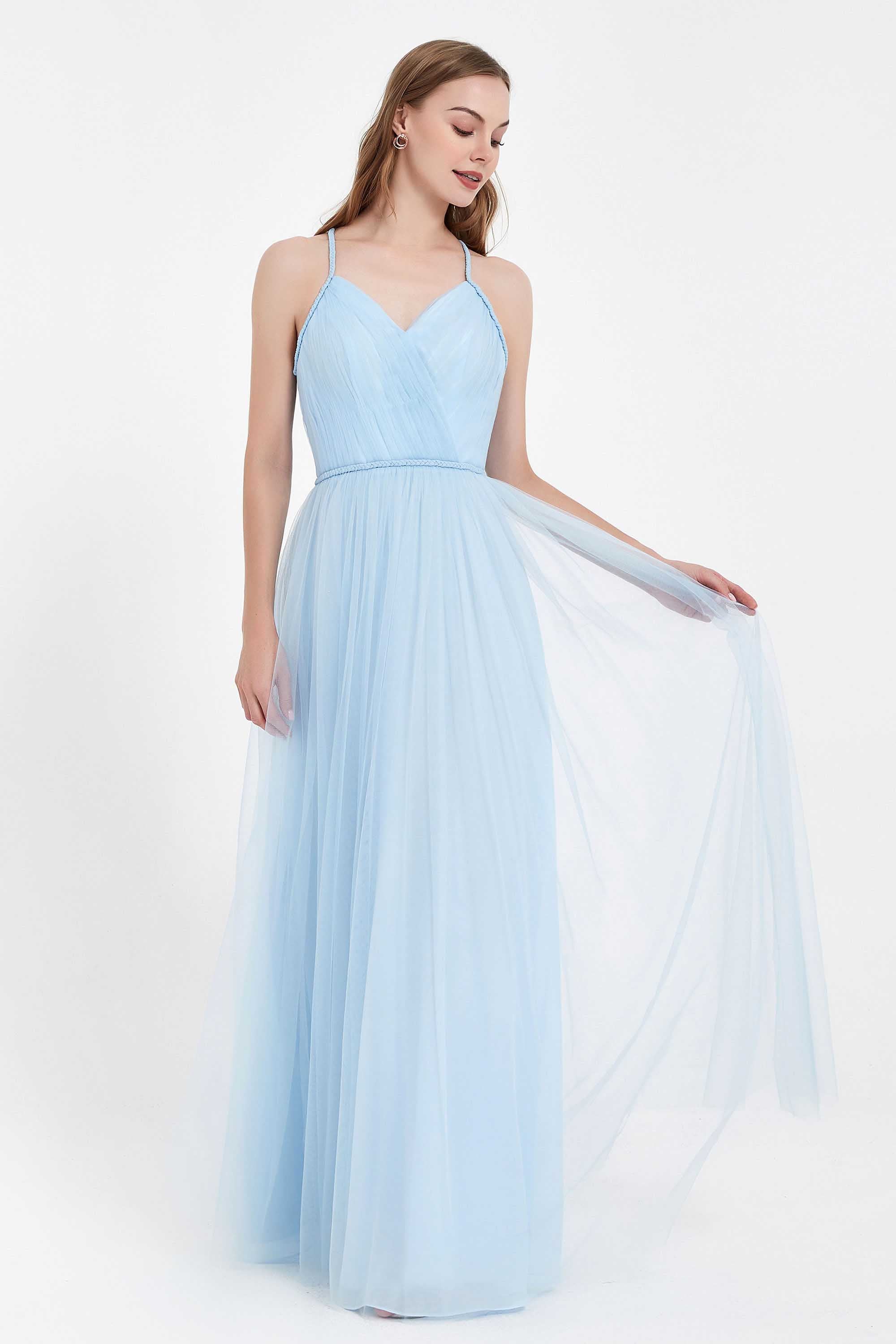 V Neck Tulle Spaghetti Straps Bridesmaid Dress Long Formal Evening Prom Dresses Gowns