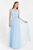V Neck Tulle Spaghetti Straps Bridesmaid Dress Long Formal Evening Prom Dresses Gowns