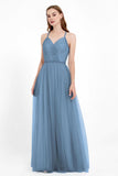V Neck Tulle Spaghetti Straps Bridesmaid Dress Long Formal Evening Prom Dresses Gowns