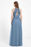 V Neck Tulle Spaghetti Straps Bridesmaid Dress Long Formal Evening Prom Dresses Gowns