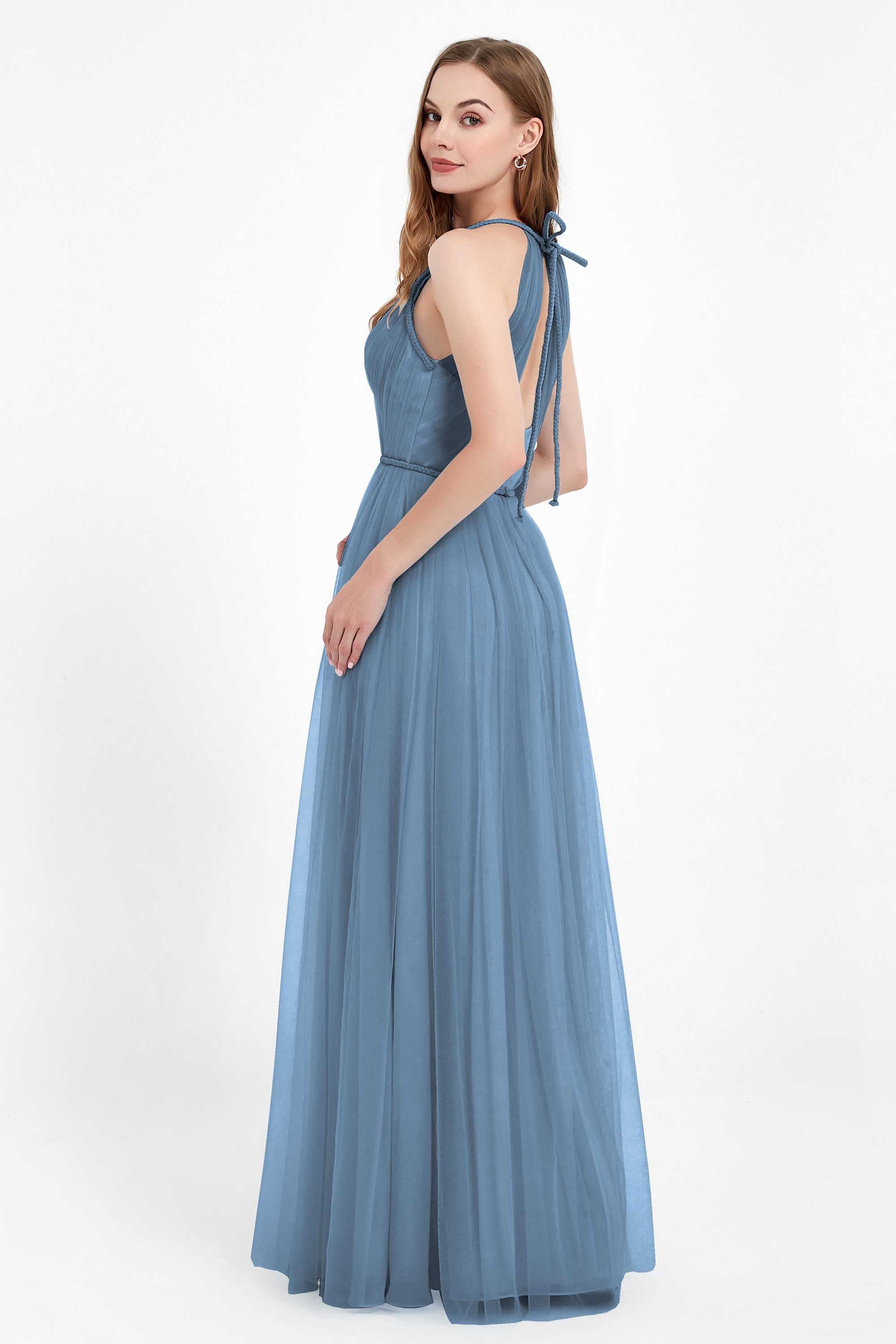 V Neck Tulle Spaghetti Straps Bridesmaid Dress Long Formal Evening Prom Dresses Gowns