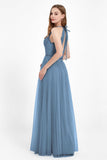 V Neck Tulle Spaghetti Straps Bridesmaid Dress Long Formal Evening Prom Dresses Gowns