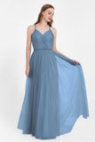 V Neck Tulle Spaghetti Straps Bridesmaid Dress Long Formal Evening Prom Dresses Gowns
