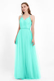 V Neck Tulle Spaghetti Straps Bridesmaid Dress Long Formal Evening Prom Dresses Gowns