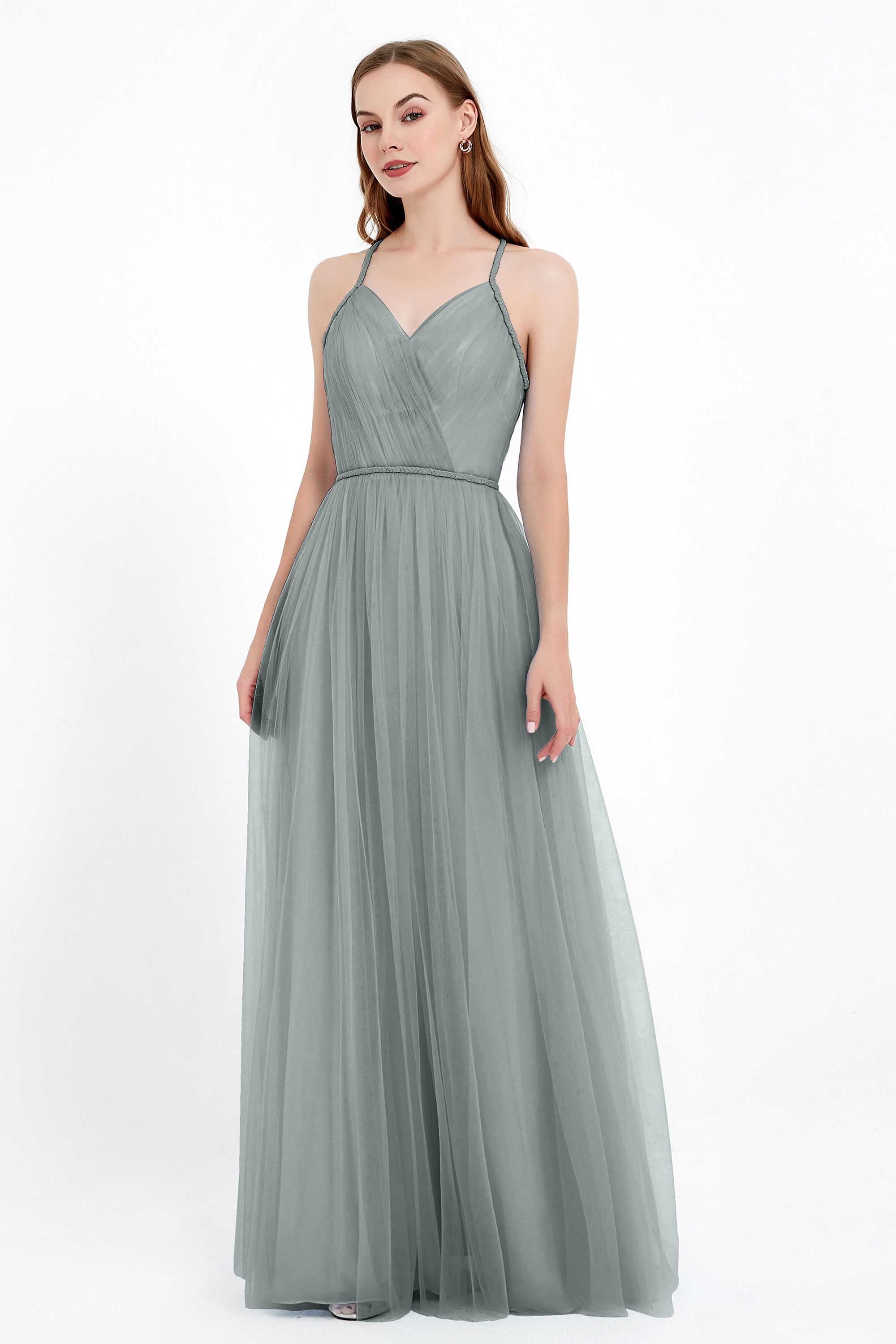V Neck Tulle Spaghetti Straps Bridesmaid Dress Long Formal Evening Prom Dresses Gowns