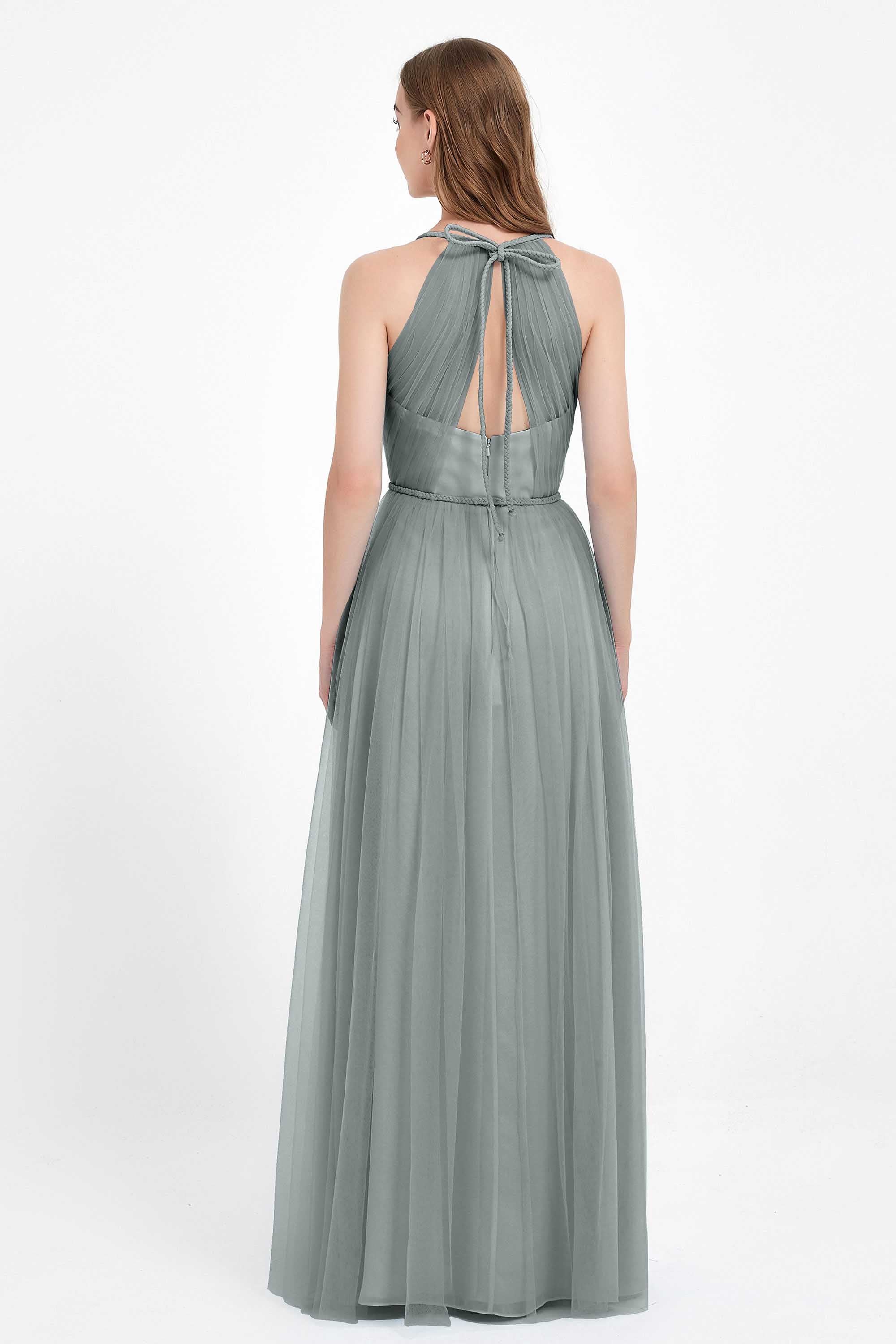 V Neck Tulle Spaghetti Straps Bridesmaid Dress Long Formal Evening Prom Dresses Gowns