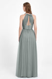 V Neck Tulle Spaghetti Straps Bridesmaid Dress Long Formal Evening Prom Dresses Gowns