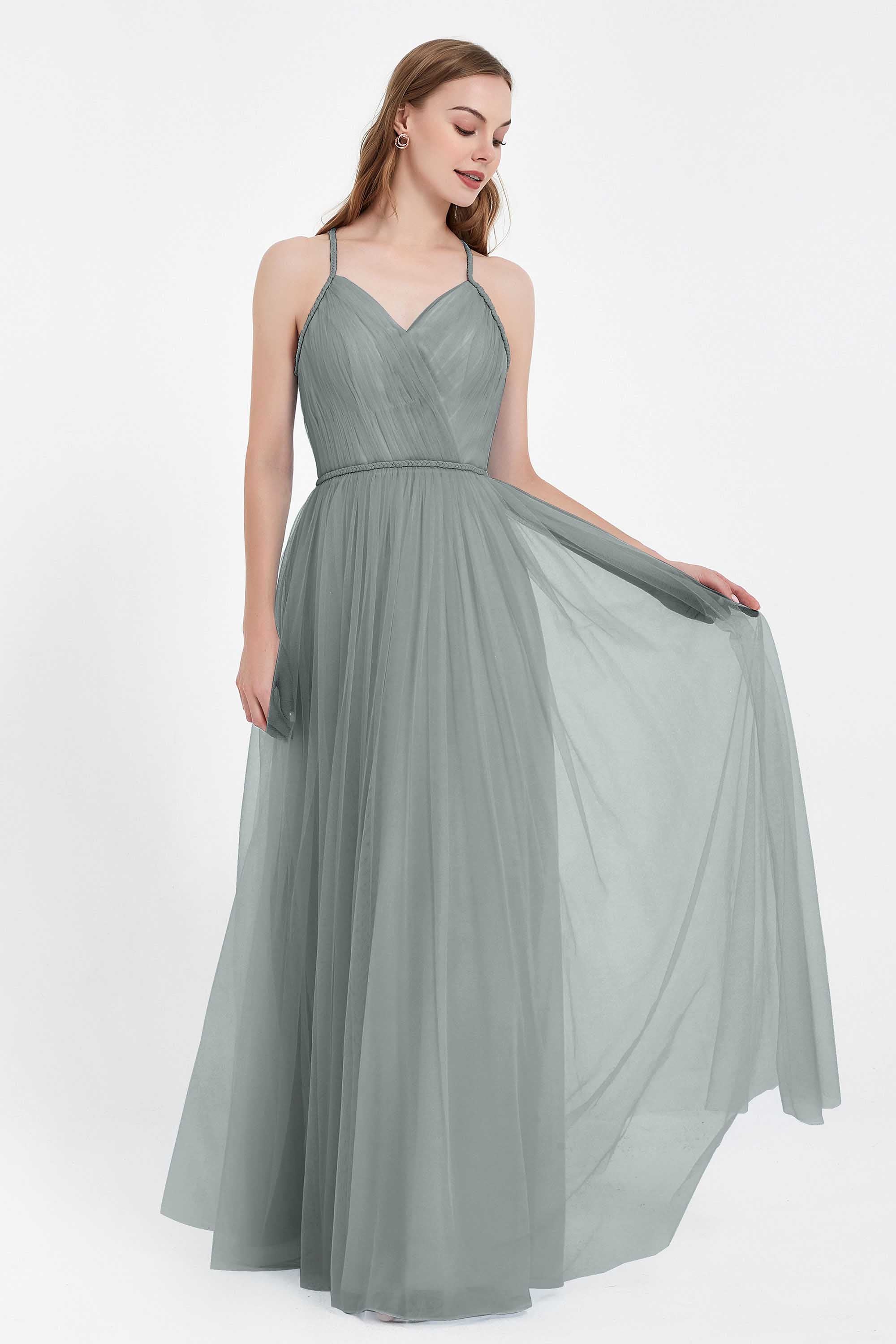 V Neck Tulle Spaghetti Straps Bridesmaid Dress Long Formal Evening Prom Dresses Gowns