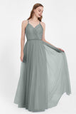 V Neck Tulle Spaghetti Straps Bridesmaid Dress Long Formal Evening Prom Dresses Gowns