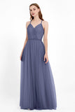 V Neck Tulle Spaghetti Straps Bridesmaid Dress Long Formal Evening Prom Dresses Gowns