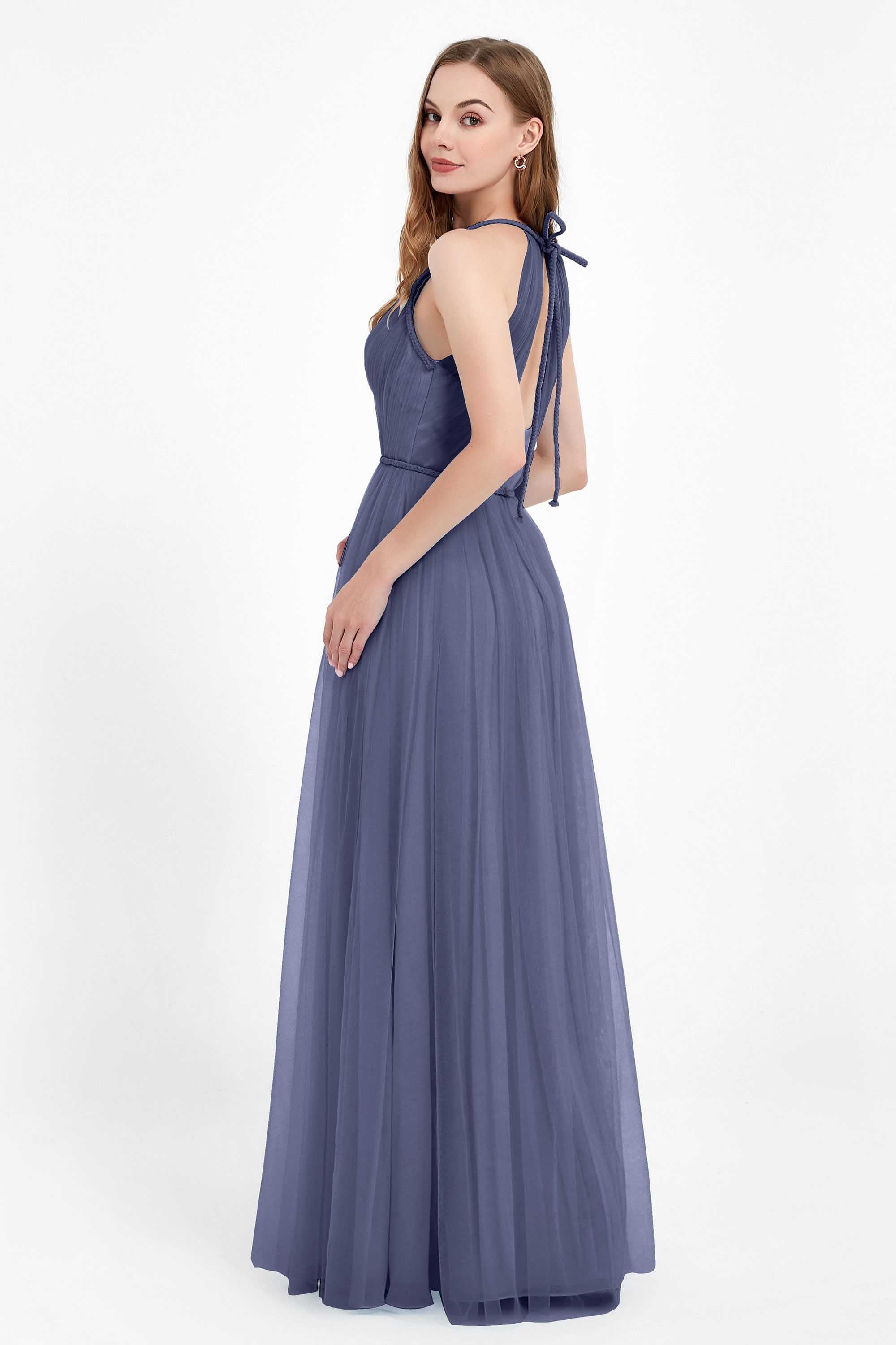 V Neck Tulle Spaghetti Straps Bridesmaid Dress Long Formal Evening Prom Dresses Gowns
