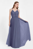 V Neck Tulle Spaghetti Straps Bridesmaid Dress Long Formal Evening Prom Dresses Gowns