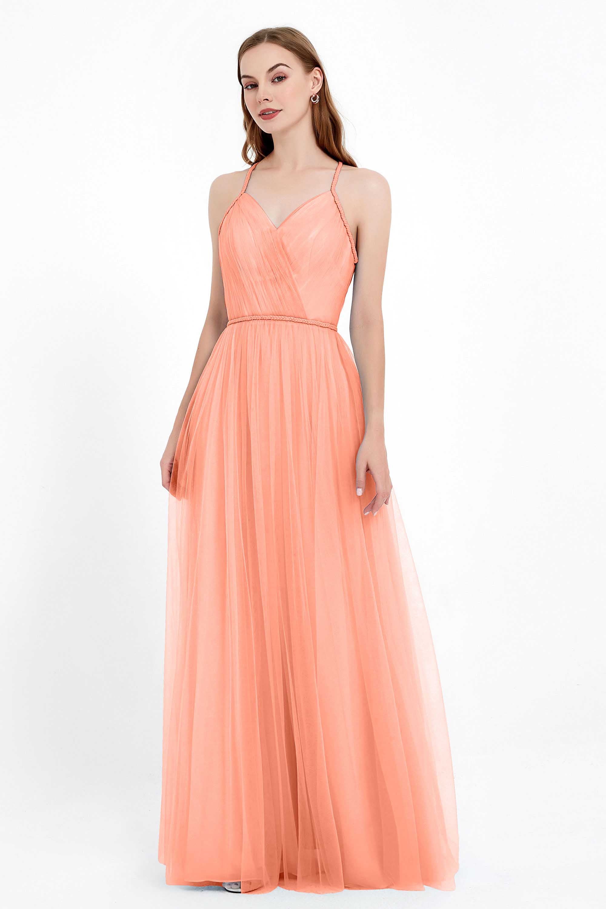 V Neck Tulle Spaghetti Straps Bridesmaid Dress Long Formal Evening Prom Dresses Gowns