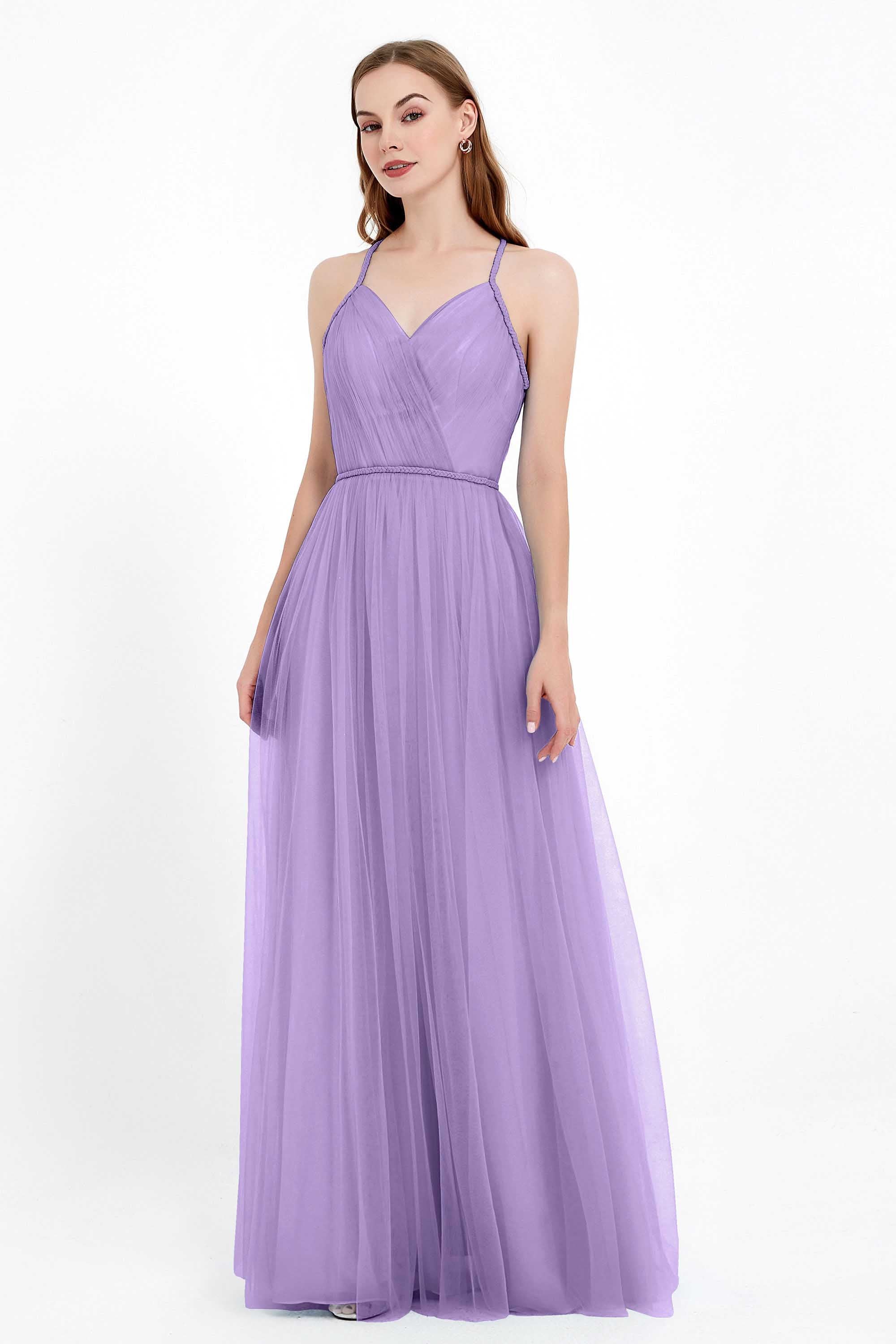 V Neck Tulle Spaghetti Straps Bridesmaid Dress Long Formal Evening Prom Dresses Gowns