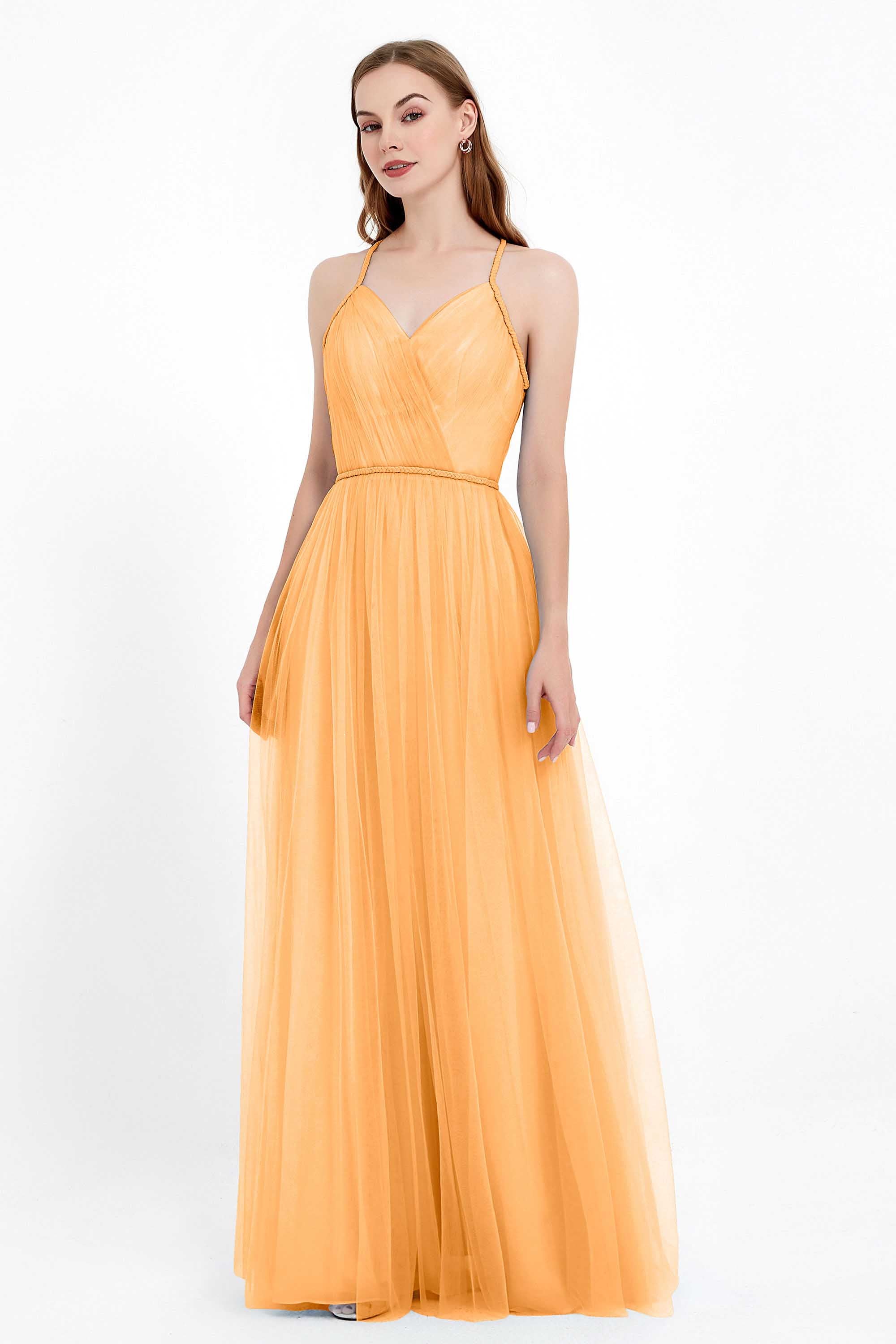 V Neck Tulle Spaghetti Straps Bridesmaid Dress Long Formal Evening Prom Dresses Gowns