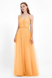 V Neck Tulle Spaghetti Straps Bridesmaid Dress Long Formal Evening Prom Dresses Gowns