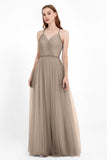 V Neck Tulle Spaghetti Straps Bridesmaid Dress Long Formal Evening Prom Dresses Gowns