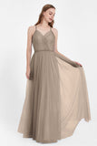 V Neck Tulle Spaghetti Straps Bridesmaid Dress Long Formal Evening Prom Dresses Gowns