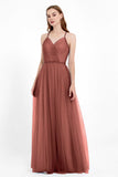 V Neck Tulle Spaghetti Straps Bridesmaid Dress Long Formal Evening Prom Dresses Gowns