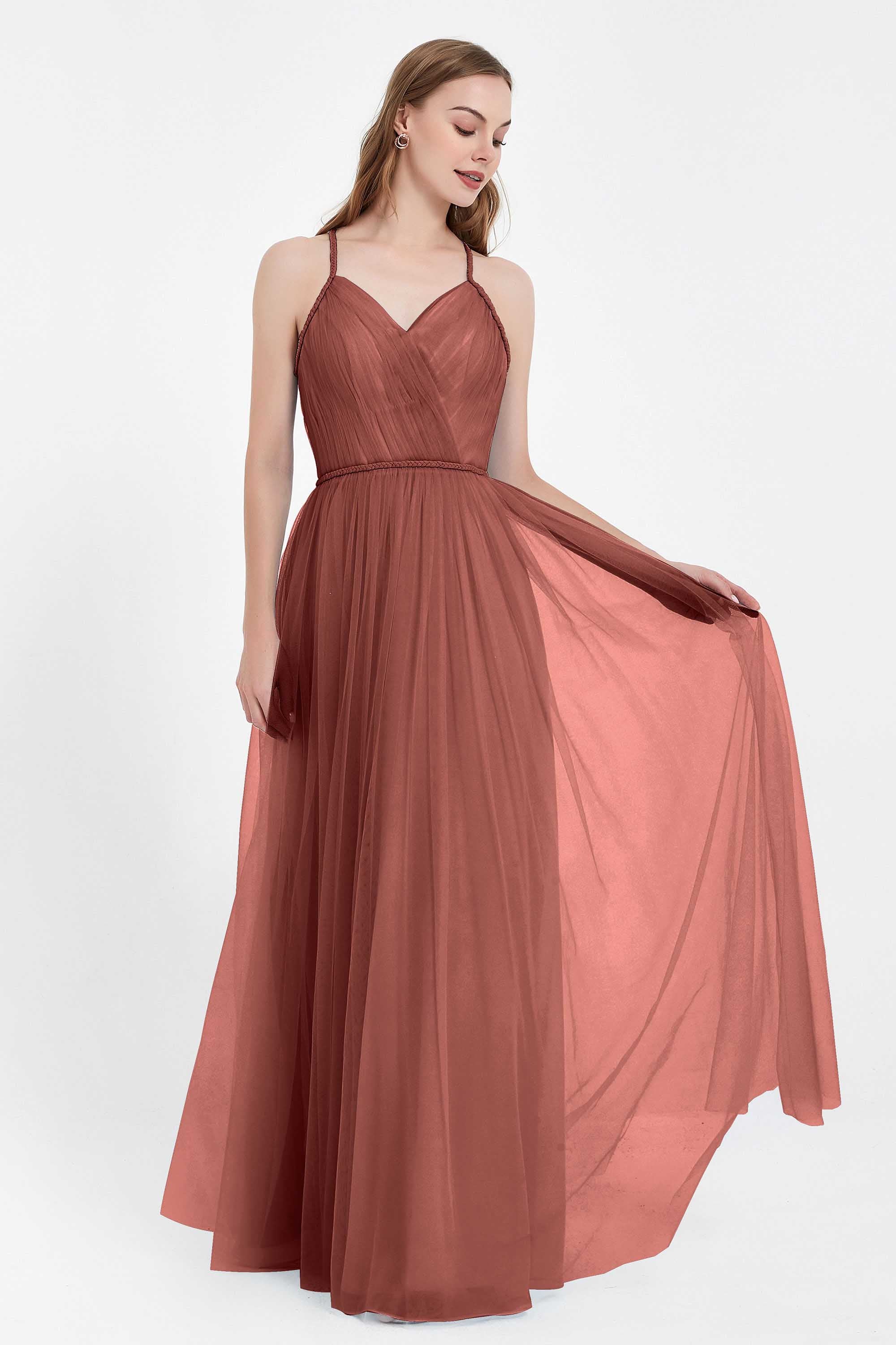 V Neck Tulle Spaghetti Straps Bridesmaid Dress Long Formal Evening Prom Dresses Gowns