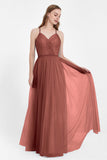 V Neck Tulle Spaghetti Straps Bridesmaid Dress Long Formal Evening Prom Dresses Gowns