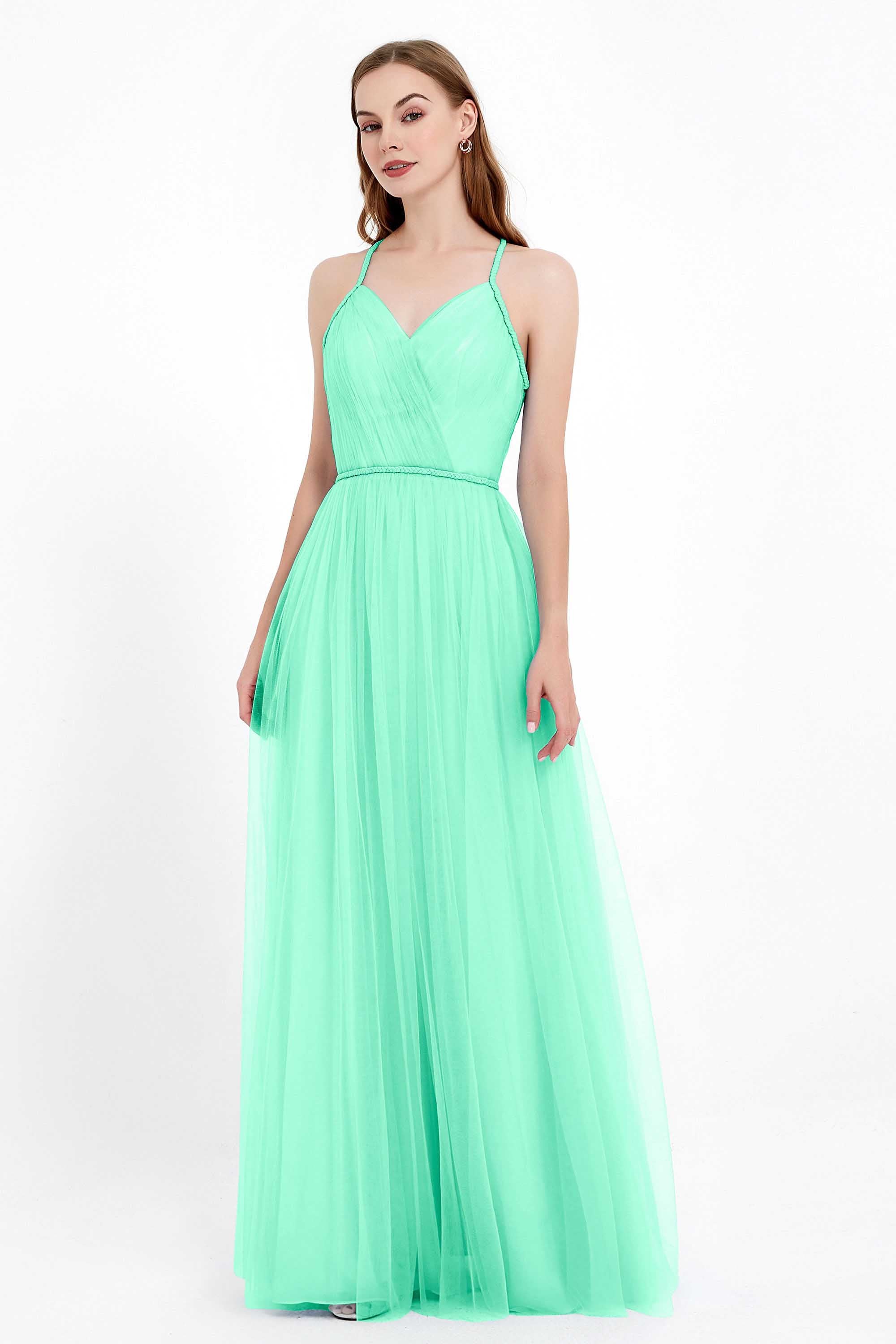 V Neck Tulle Spaghetti Straps Bridesmaid Dress Long Formal Evening Prom Dresses Gowns