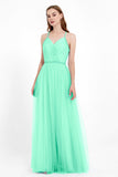 V Neck Tulle Spaghetti Straps Bridesmaid Dress Long Formal Evening Prom Dresses Gowns