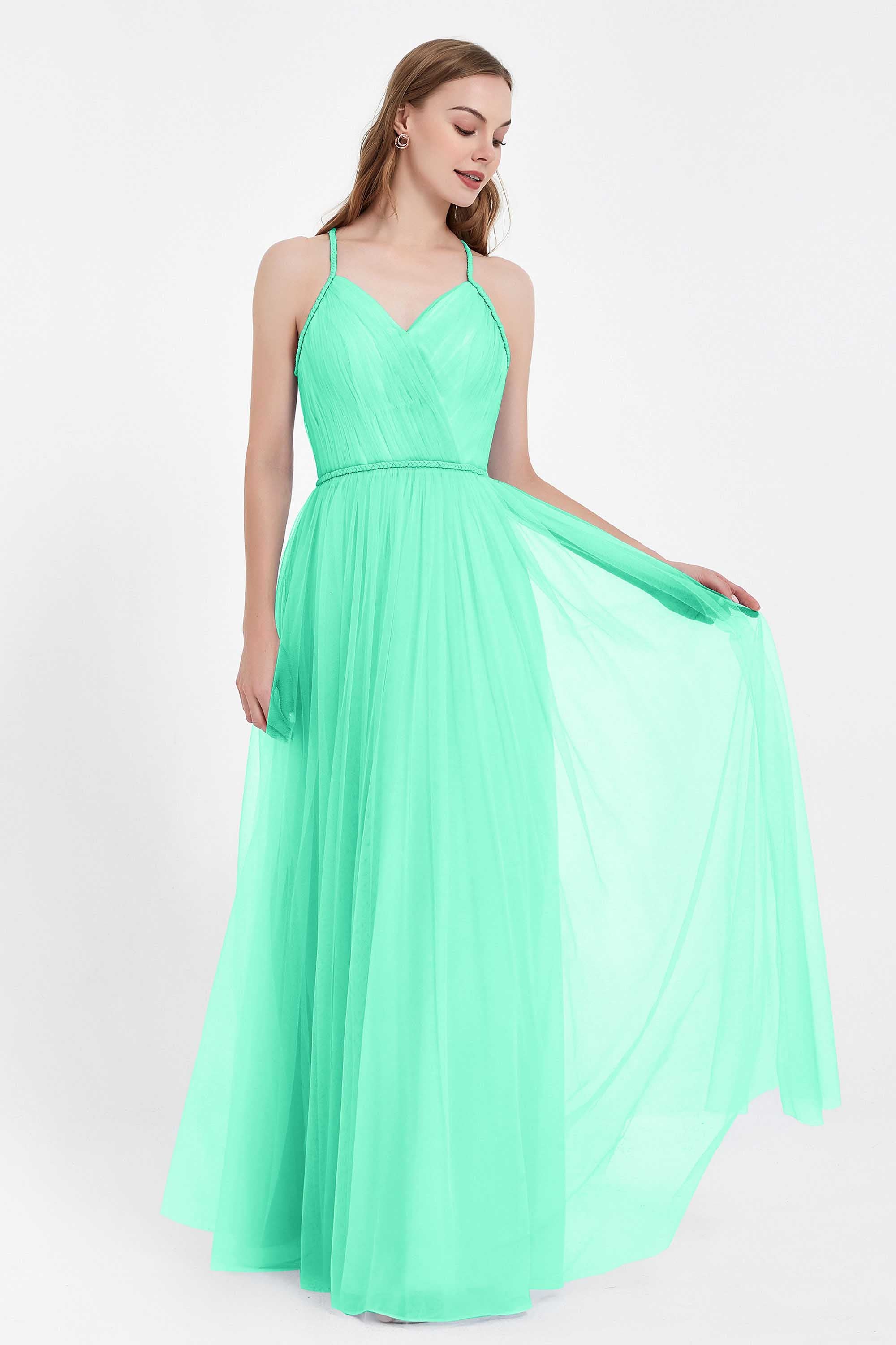 V Neck Tulle Spaghetti Straps Bridesmaid Dress Long Formal Evening Prom Dresses Gowns