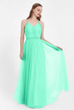 V Neck Tulle Spaghetti Straps Bridesmaid Dress Long Formal Evening Prom Dresses Gowns
