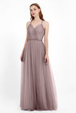 V Neck Tulle Spaghetti Straps Bridesmaid Dress Long Formal Evening Prom Dresses Gowns