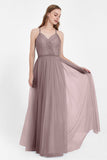 V Neck Tulle Spaghetti Straps Bridesmaid Dress Long Formal Evening Prom Dresses Gowns