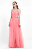 V Neck Tulle Spaghetti Straps Bridesmaid Dress Long Formal Evening Prom Dresses Gowns